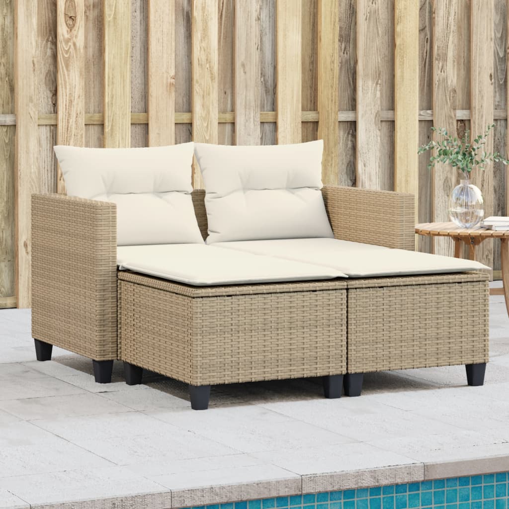 Divano Da Giardino 2 Posti Con Sgabelli Beige In Polyrattan