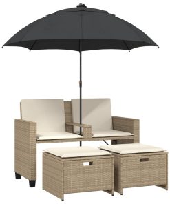 Divano Giardino 2posti Ombrellone E Sgabelli Beige Polyrattan