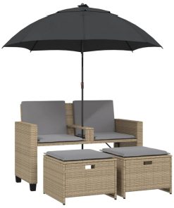 Divano Giardino 2posti Ombrellone E Sgabelli Beige Polyrattan