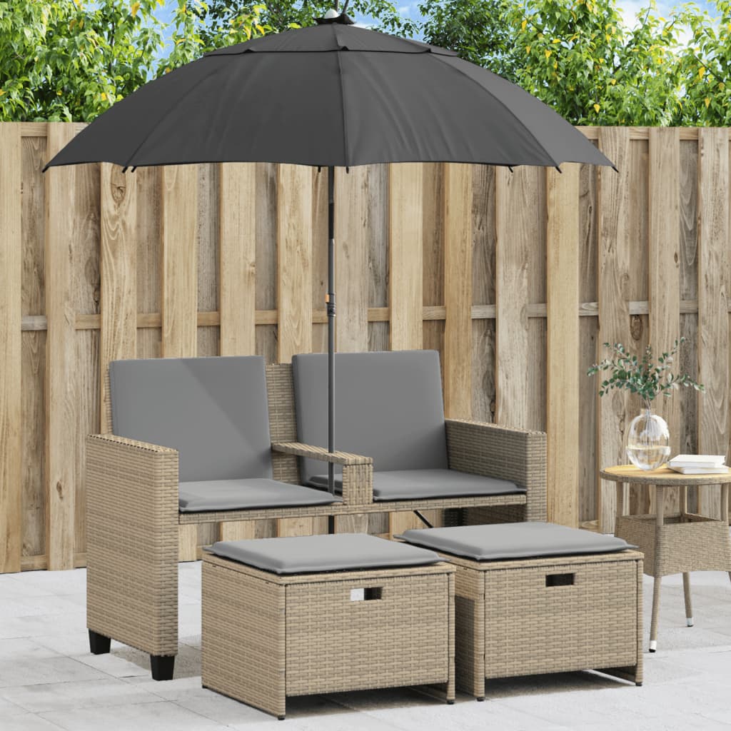 Divano Giardino 2posti Ombrellone E Sgabelli Beige Polyrattan - Image 2