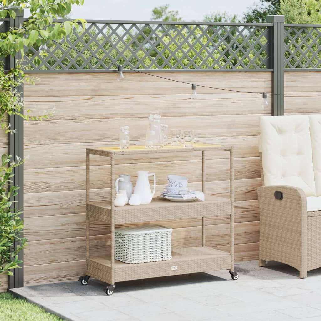 Carrello Da Bar 3 Livelli Beige In Polyrattan E Massello Acacia