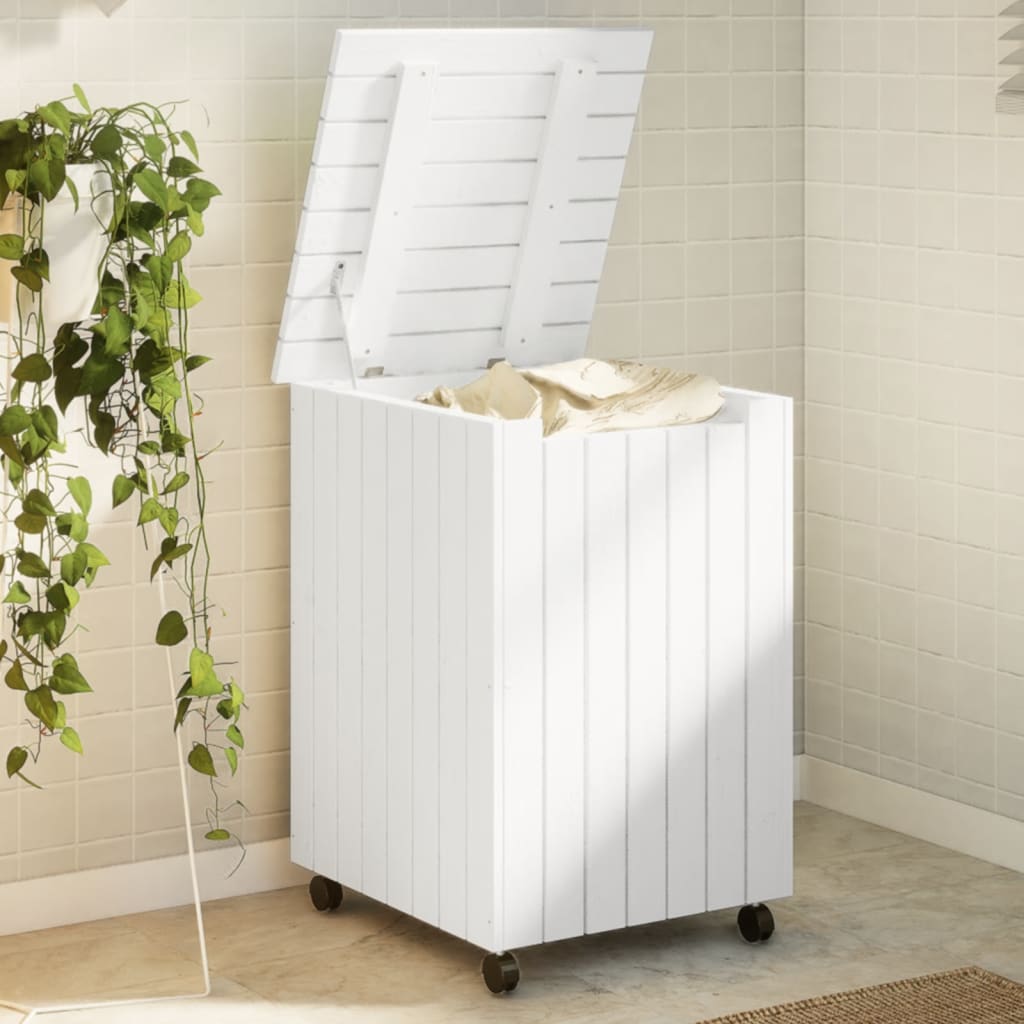 Cesta Biancheria Con Ruote Rana Bianca 45x45x64cm Massello Pino