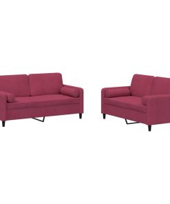 Set Di Divani 2 Pz Con Cuscini Rosso Vino In Velluto