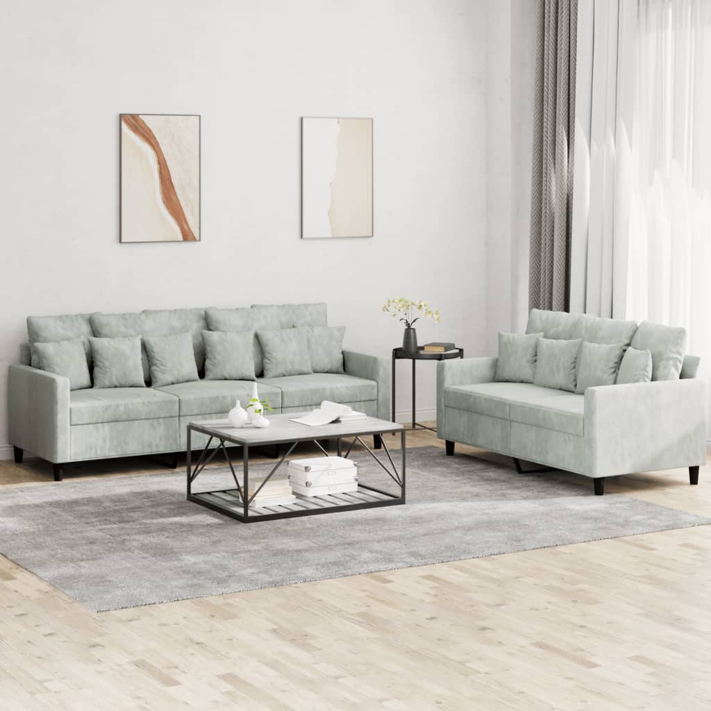 Set Di Divani 2 Pz Con Cuscini Grigio Chiaro In Velluto