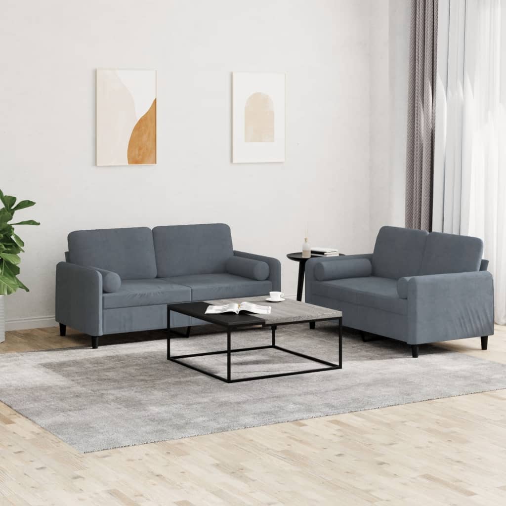 Set Di Divani 2 Pz Con Cuscini Grigio Scuro In Velluto