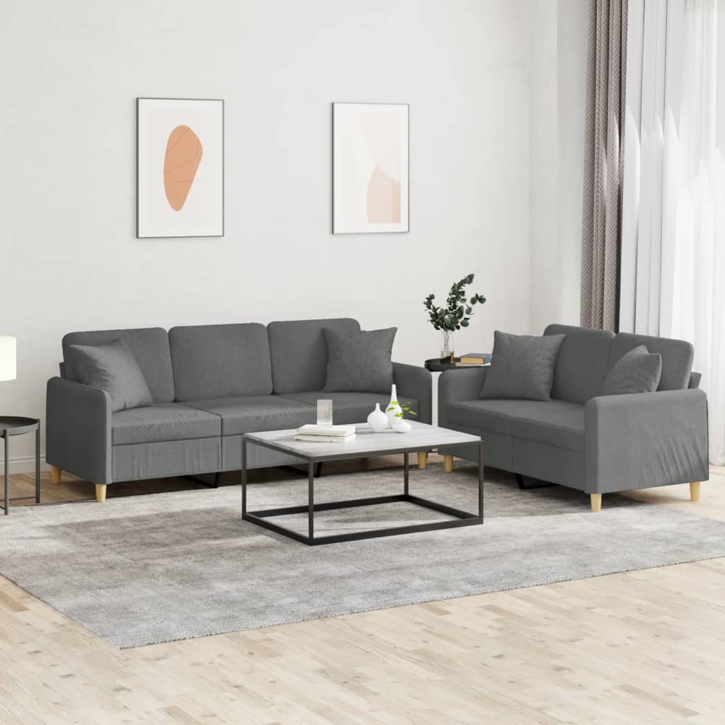 Set Di Divani 2 Pz Con Cuscini Grigio Scuro In Tessuto - Image 3
