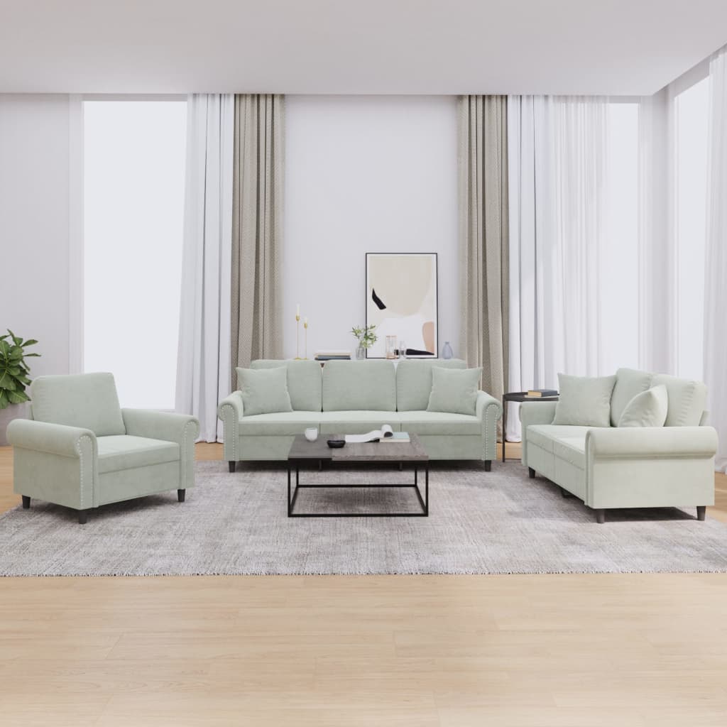 Set Di Divani 3 Pz Con Cuscini Grigio Chiaro In Velluto