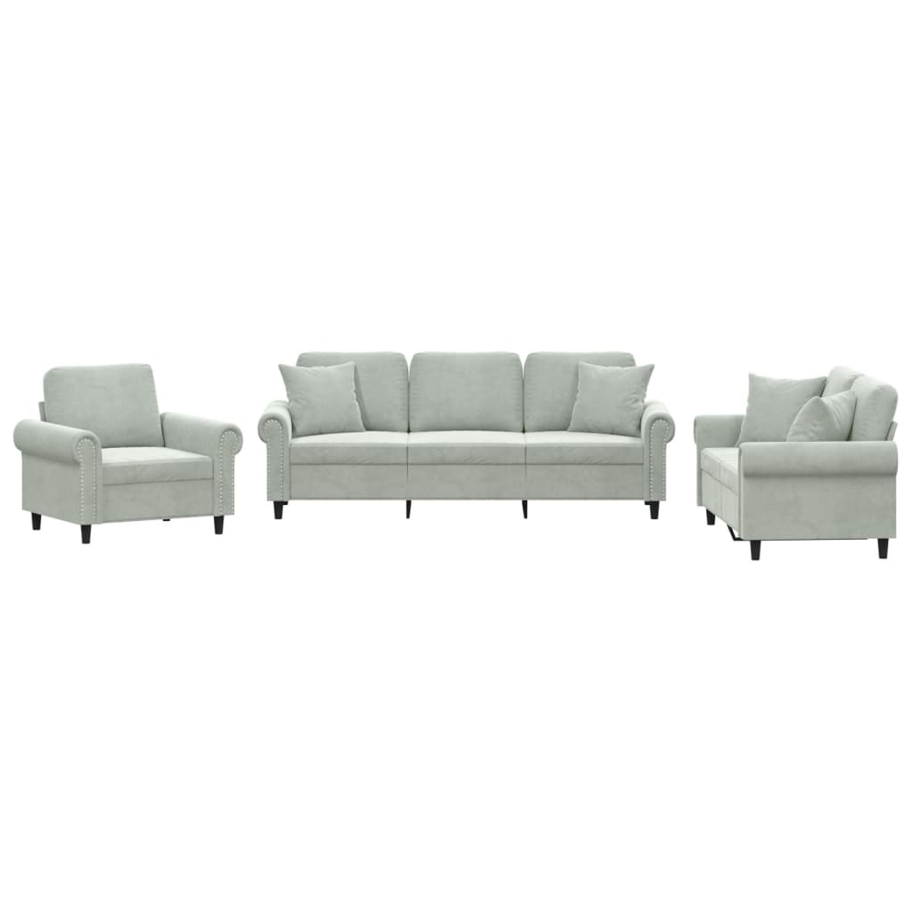 Set Di Divani 3 Pz Con Cuscini Grigio Chiaro In Velluto - Image 5
