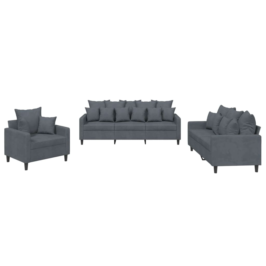 Set Di Divani 3 Pz Con Cuscini Grigio Scuro In Velluto