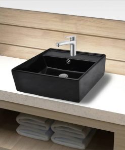 Lavandino In Ceramica Nera Quadrato Con Foro Rubinetto/ Trabocco