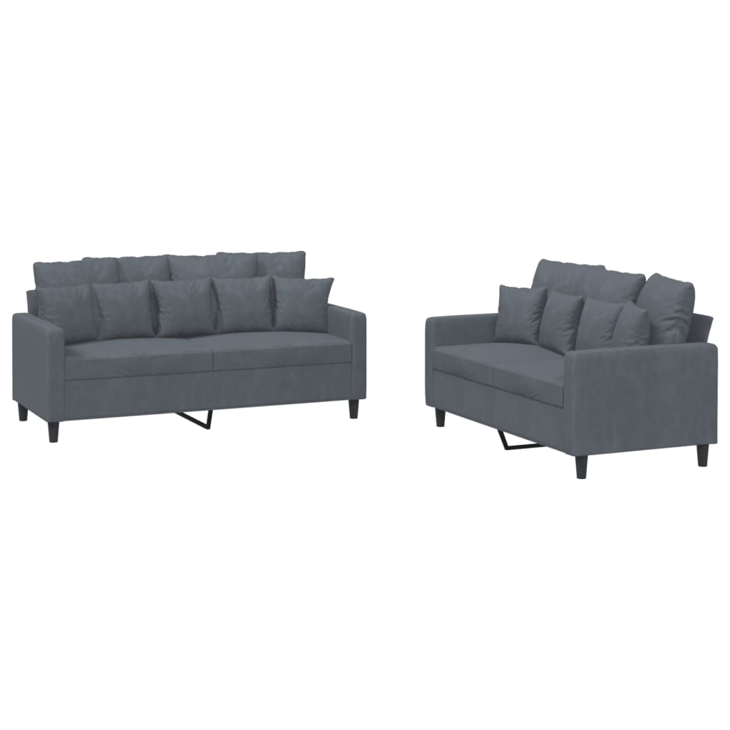 Set Di Divani 2 Pz Con Cuscini Grigio Scuro In Velluto
