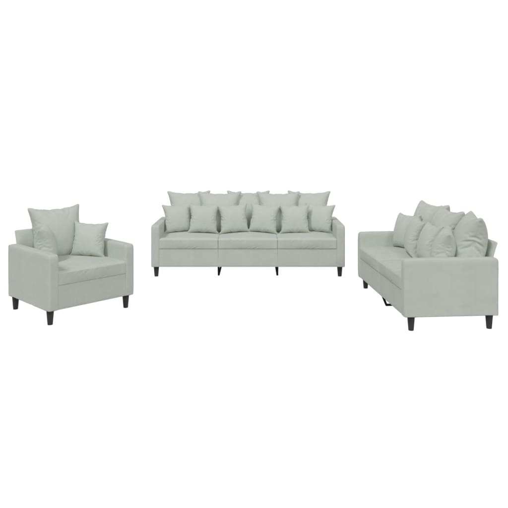 Set Di Divani 3 Pz Con Cuscini Grigio Chiaro In Velluto - Image 4