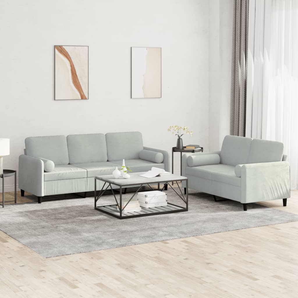 Set Di Divani 2 Pz Con Cuscini Grigio Chiaro In Velluto