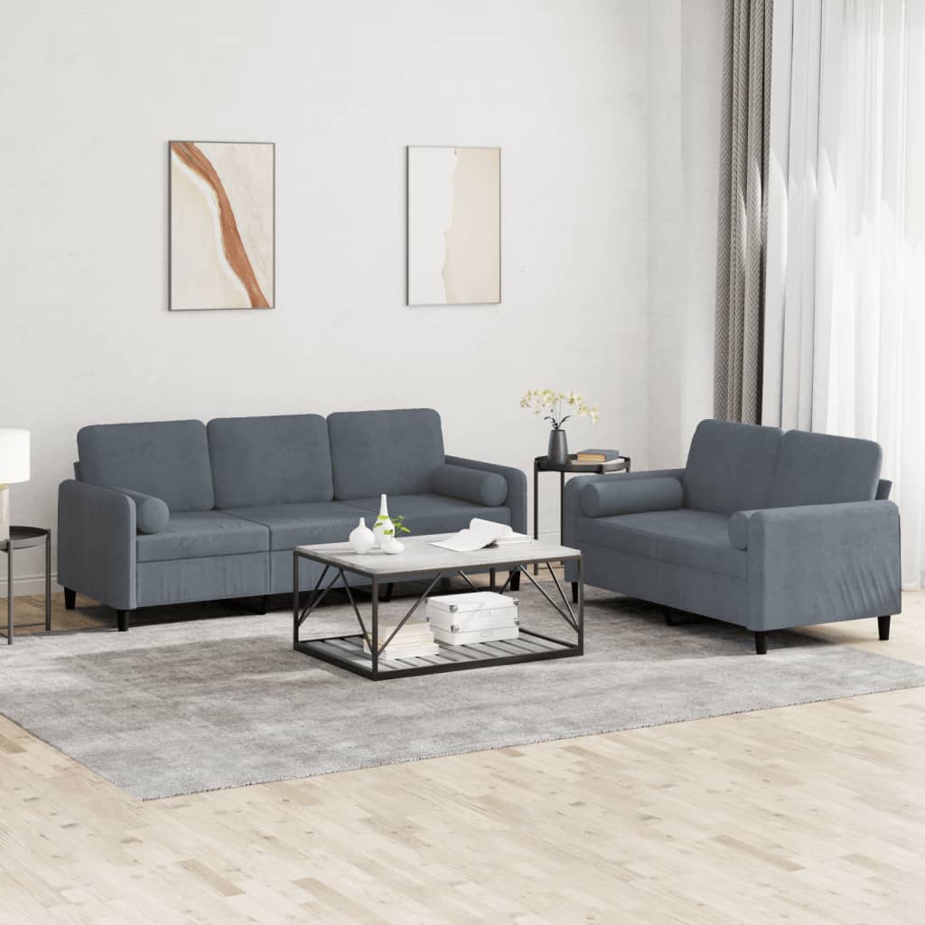 Set Di Divani 2 Pz Con Cuscini Grigio Scuro In Velluto - Image 6