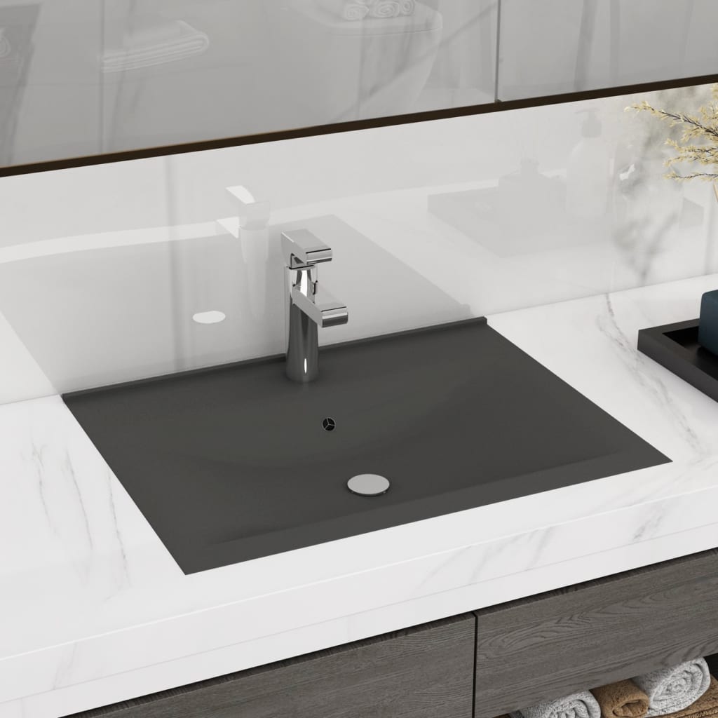 Lavabo Con Foro Rubinetto Grigio Scuro Opaco 60x46 Cm Ceramica
