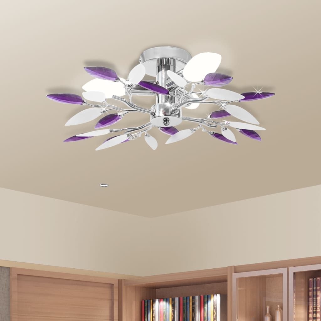 Lampada Soffitto Foglie Bianco E Viola Cristallo Acrilico 3xe14 - Image 3