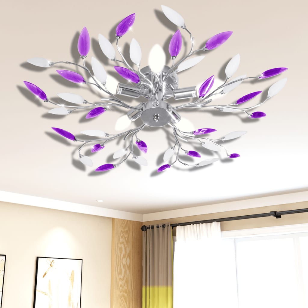 Lampada Da Soffitto Bianco E Viola In Cristalli Acrilici 5 E14