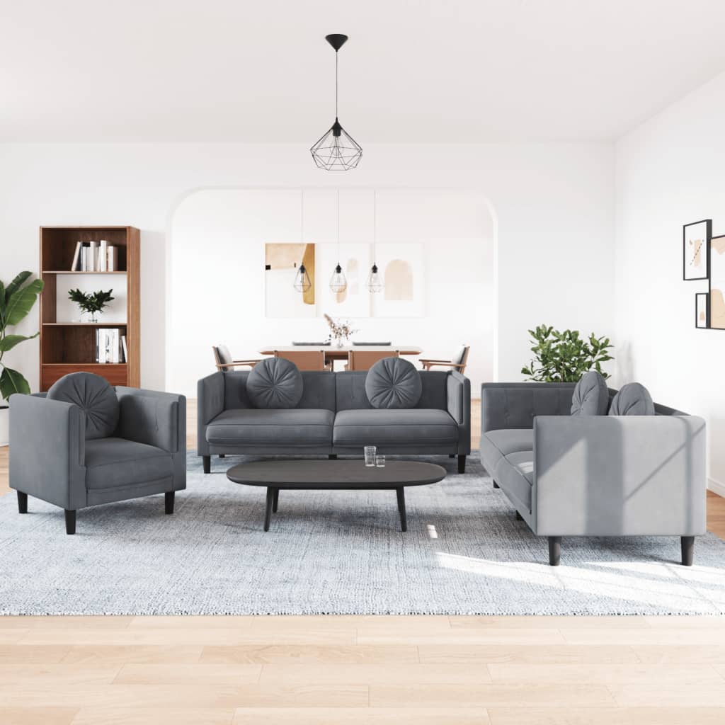 Set Di Divani 3 Pz Con Cuscini Grigio Scuro In Velluto