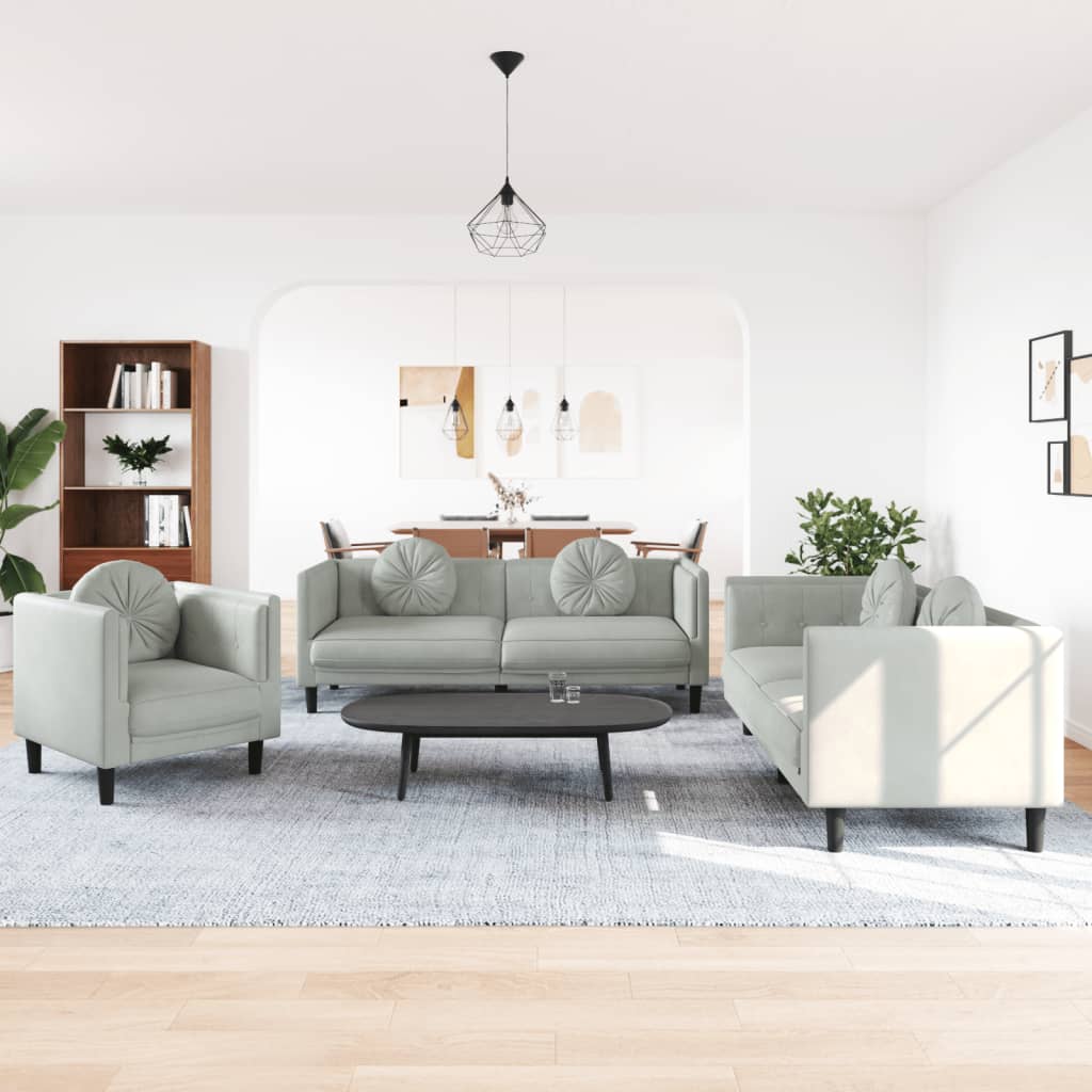 Set Di Divani 3 Pz Con Cuscini Grigio Chiaro In Velluto