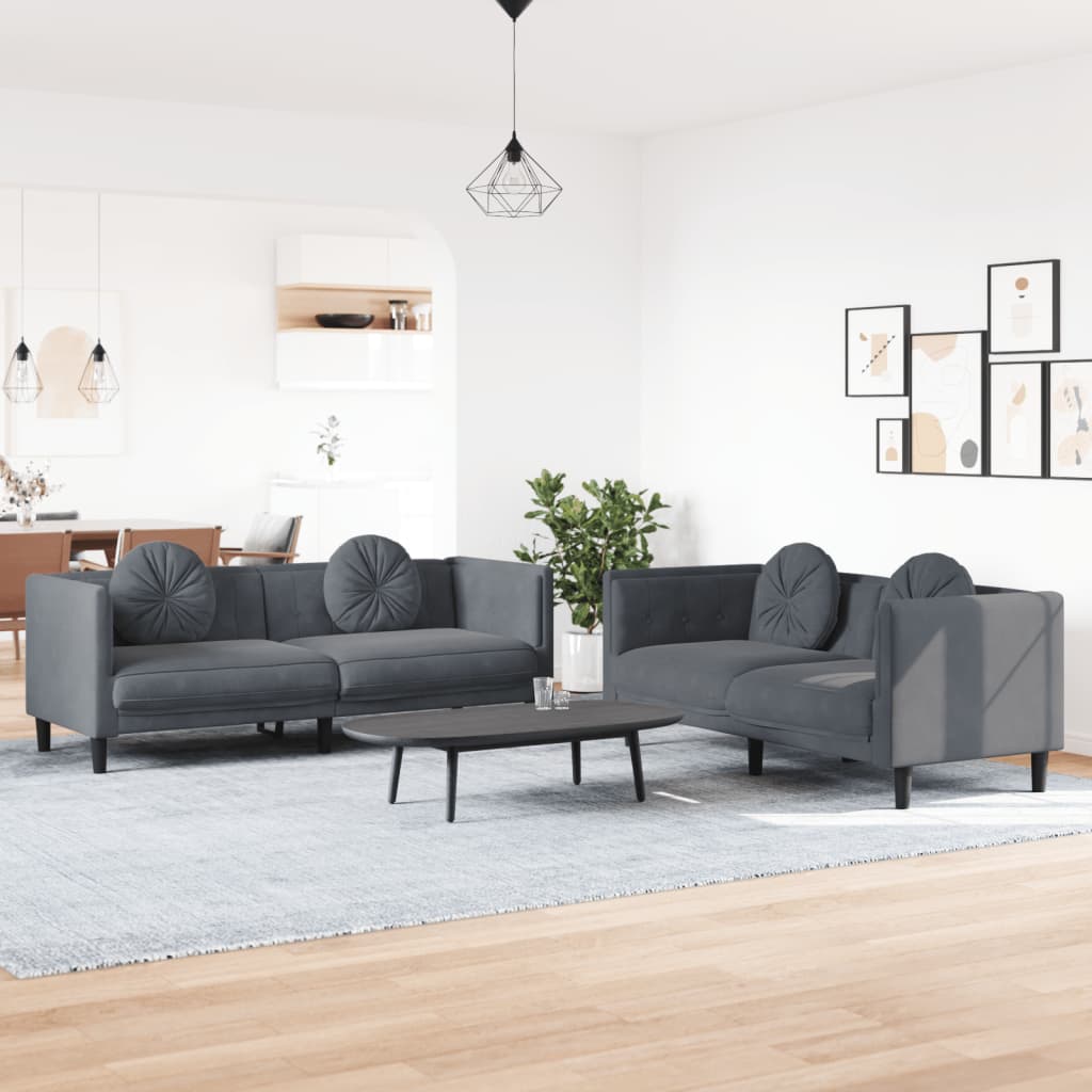 Set Di Divani 2 Pz Con Cuscini Grigio Scuro In Velluto - Image 5