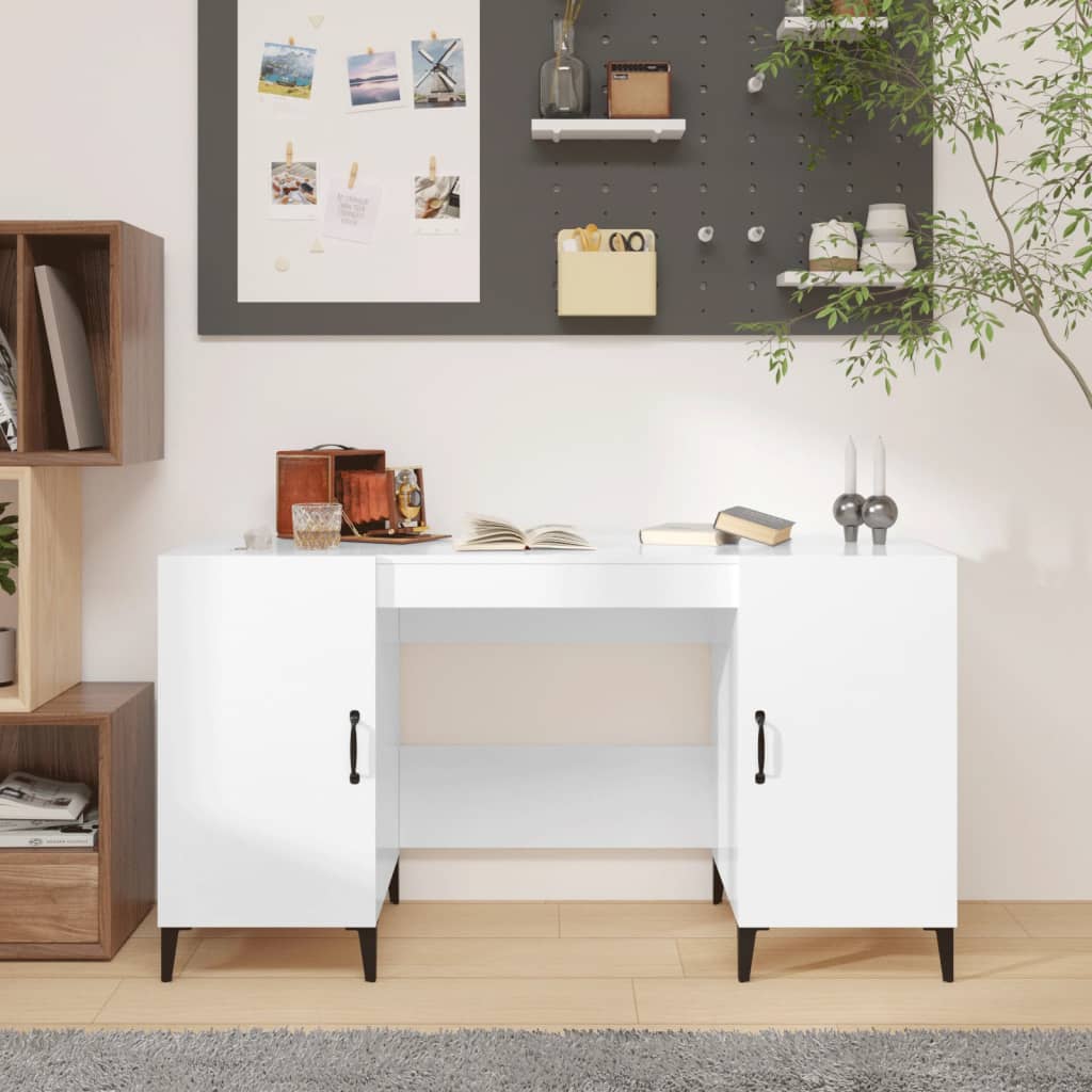 Scrivania Bianco Lucido 140x50x75 Cm In Legno Multistrato