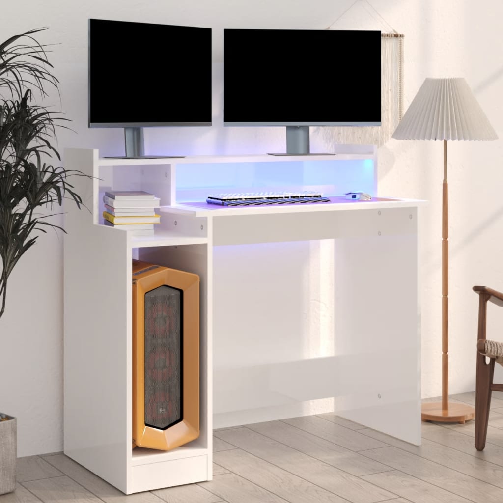Scrivania Con Led Bianco Lucido 97x45x90cm In Legno Multistrato