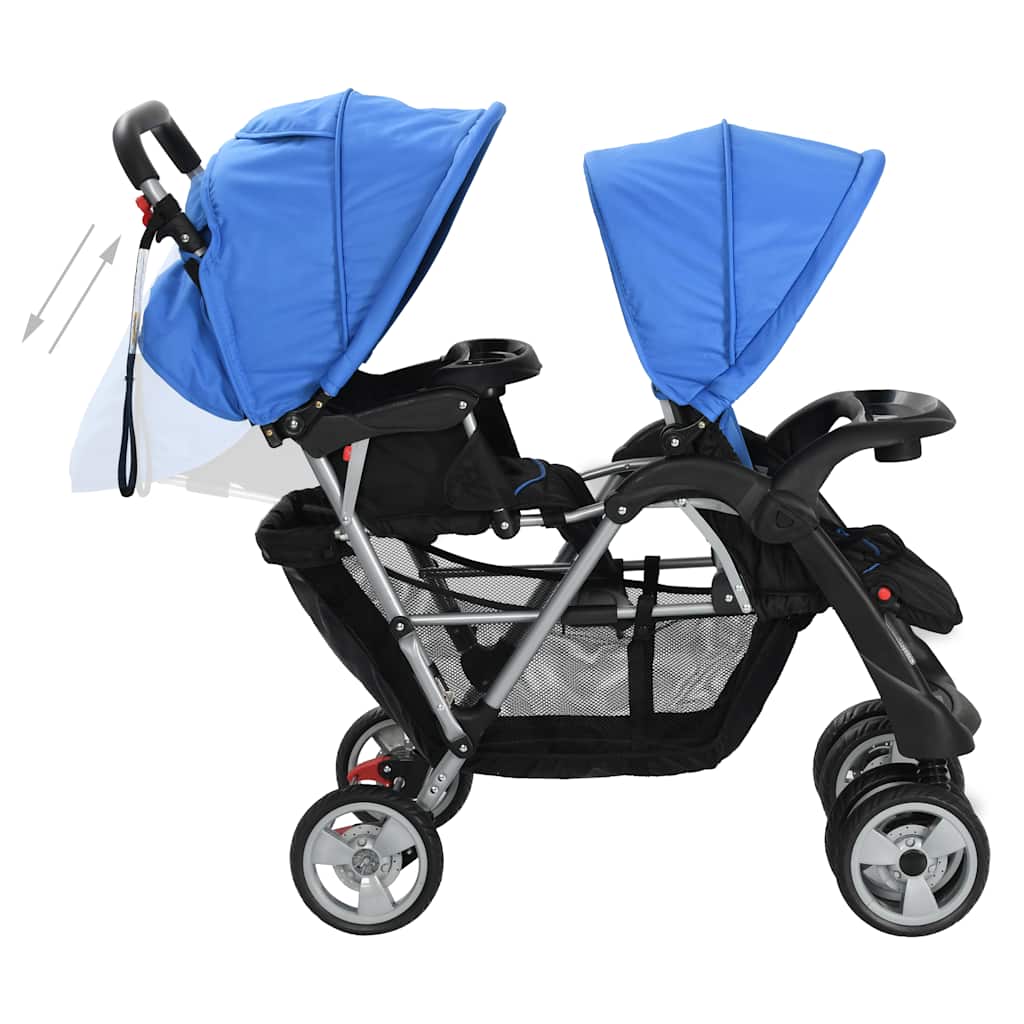 Passeggino Gemellare A Tandem In Acciaio Blu E Nero