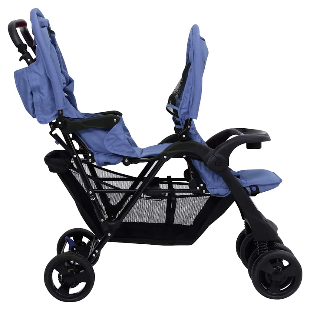 Passeggino Gemellare A Tandem Blu Marino In Acciaio