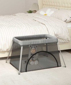 Box Per Bambini Con Materasso Grigio Chiaro Tessuto Di Lino