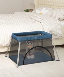 Box Per Bambini Con Materasso Blu Marino Tessuto Di Lino