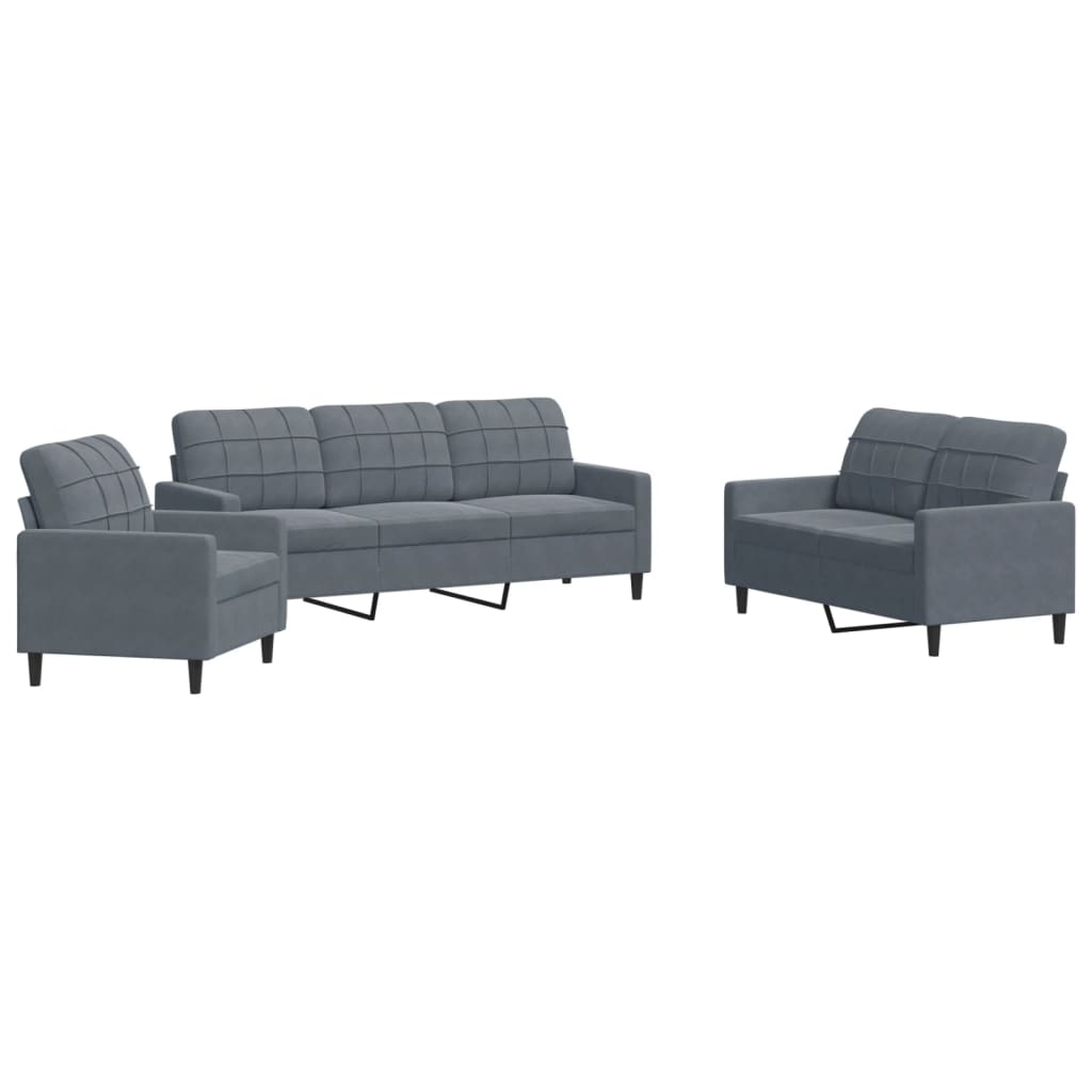 Set Di Divani 3 Pz Con Cuscini Grigio Scuro In Velluto