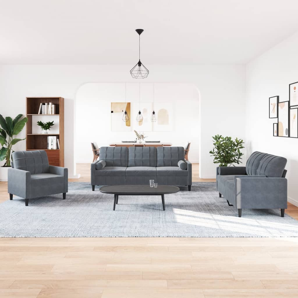 Set Di Divani 3 Pz Con Cuscini E Rinforzi Grigio Scuro Velluto