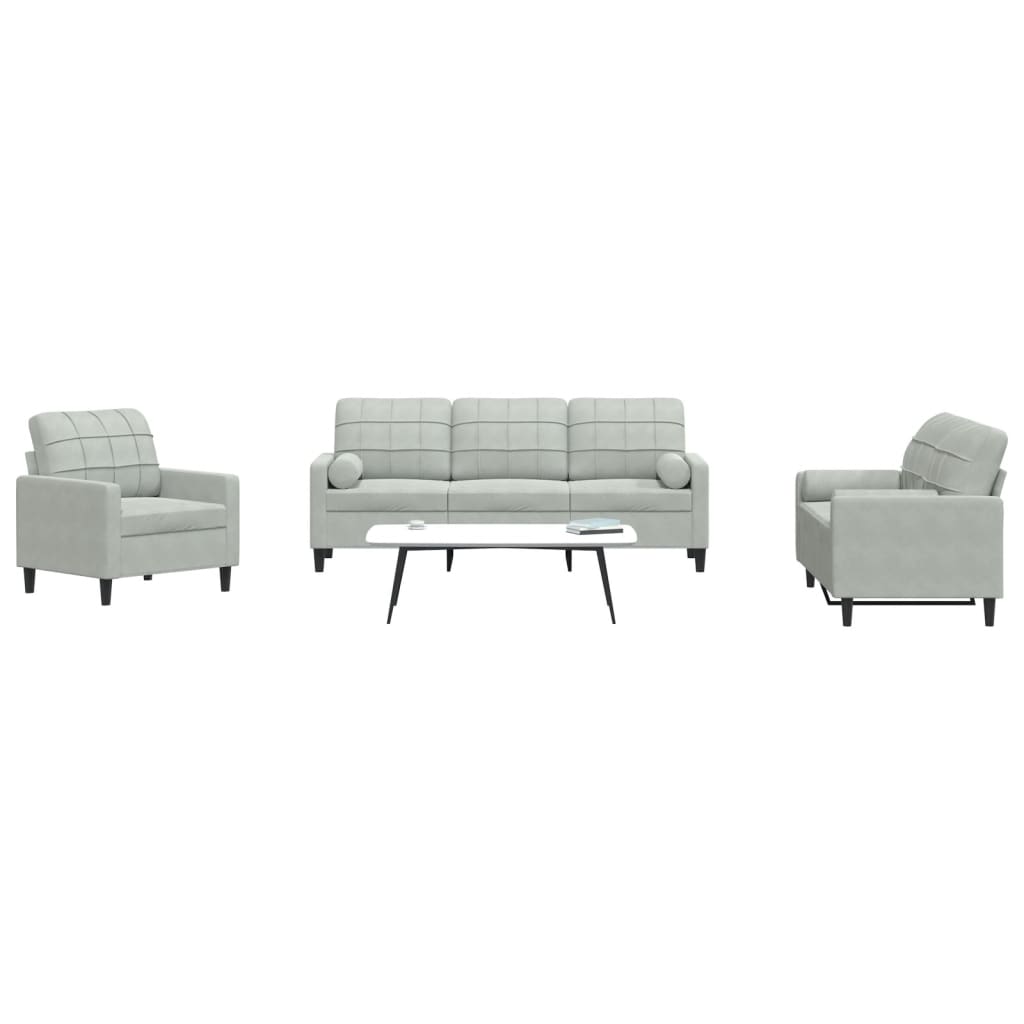 Set Di Divani 3 Pz Con Cuscini E Rinforzi Grigio Chiaro Velluto