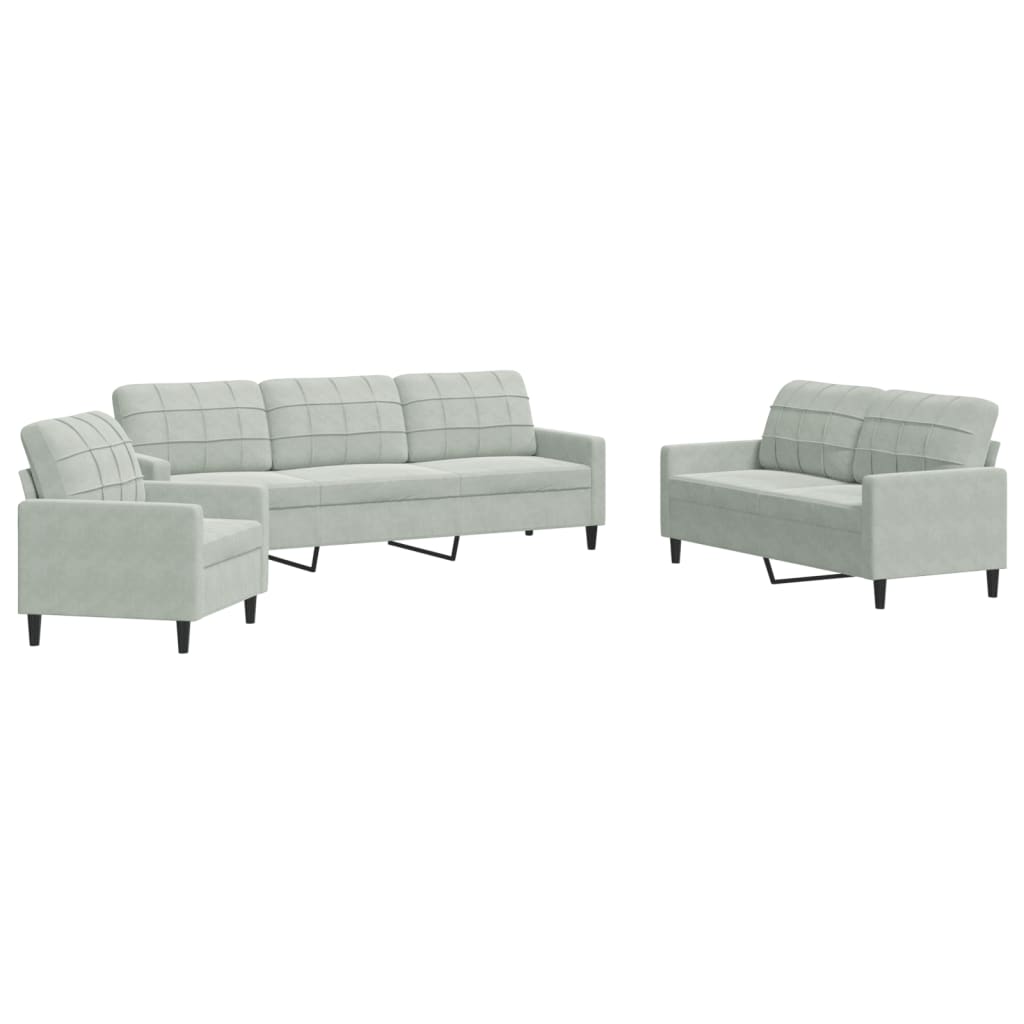 Set Di Divani 3 Pz Con Cuscini Grigio Chiaro In Velluto