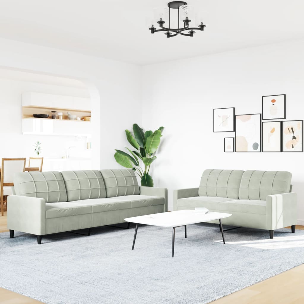Set Di Divani 2 Pz Con Cuscini Grigio Chiaro In Velluto