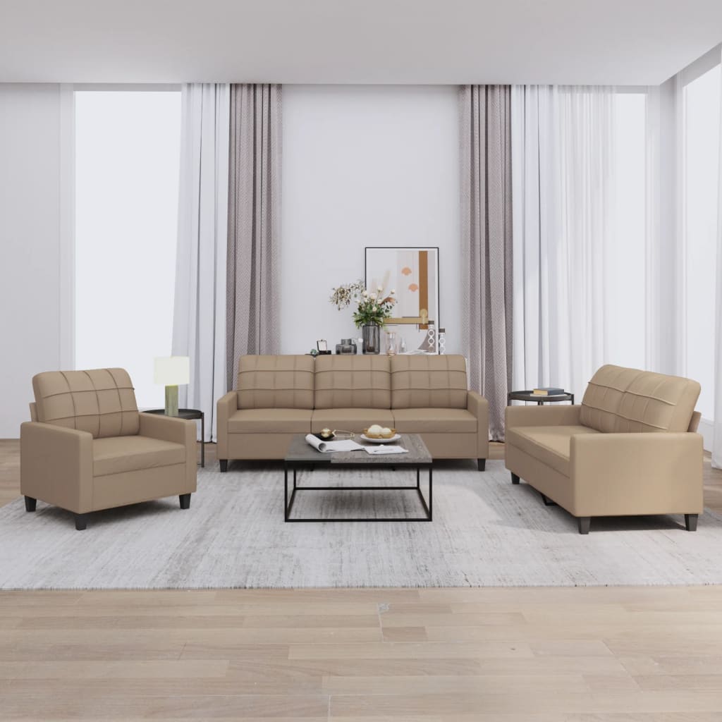 Set Di Divani 3 Pz Con Cuscini Cappuccino In Similpelle