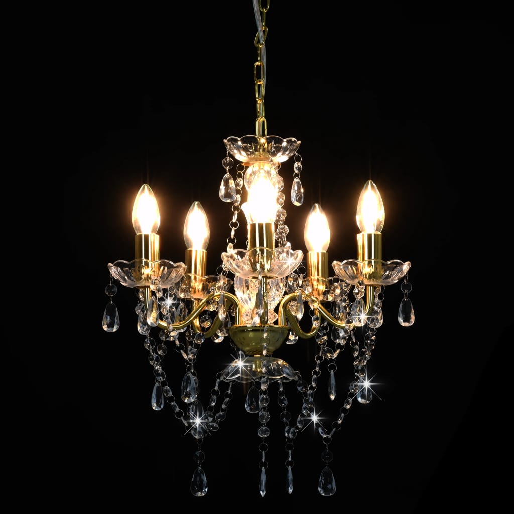 Lampadario Con Perline Di Cristallo Dorato Tondo 5 E14