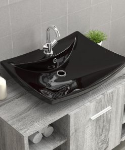 Lavabo Nero Ceramica Lusso Rettangolare Foro Trabocco Foro Rubinetto