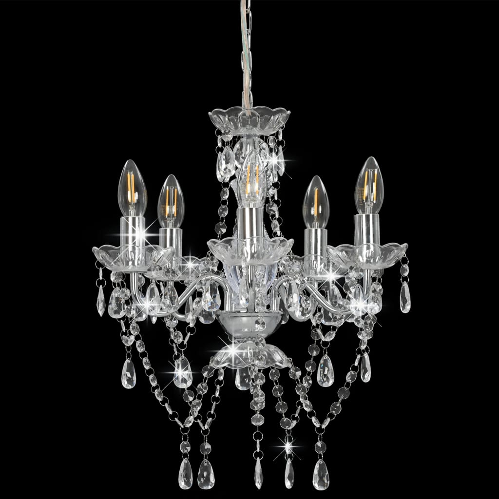Lampadario Con Perline Di Cristallo Argento Tondo 5 E14