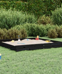 Sabbiera Con Sedute Nera Quadrata In Legno Massello Di Pino