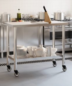 Tavolo Da Lavoro Cucina Con Ruote 110x55x85 Cm In Acciaio Inox