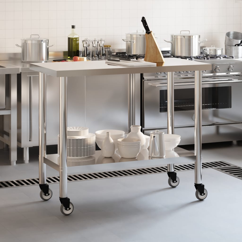 Tavolo Da Lavoro Cucina Con Ruote 110x55x85 Cm In Acciaio Inox