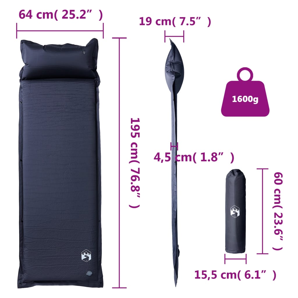 Materasso Campeggio Autogonfiabile Con Cuscini 1 Persona Grigio