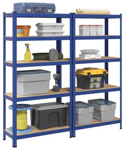 Mensole Portaoggetti 5 Strati 2pz Blu Acciaio Legno Multistrato