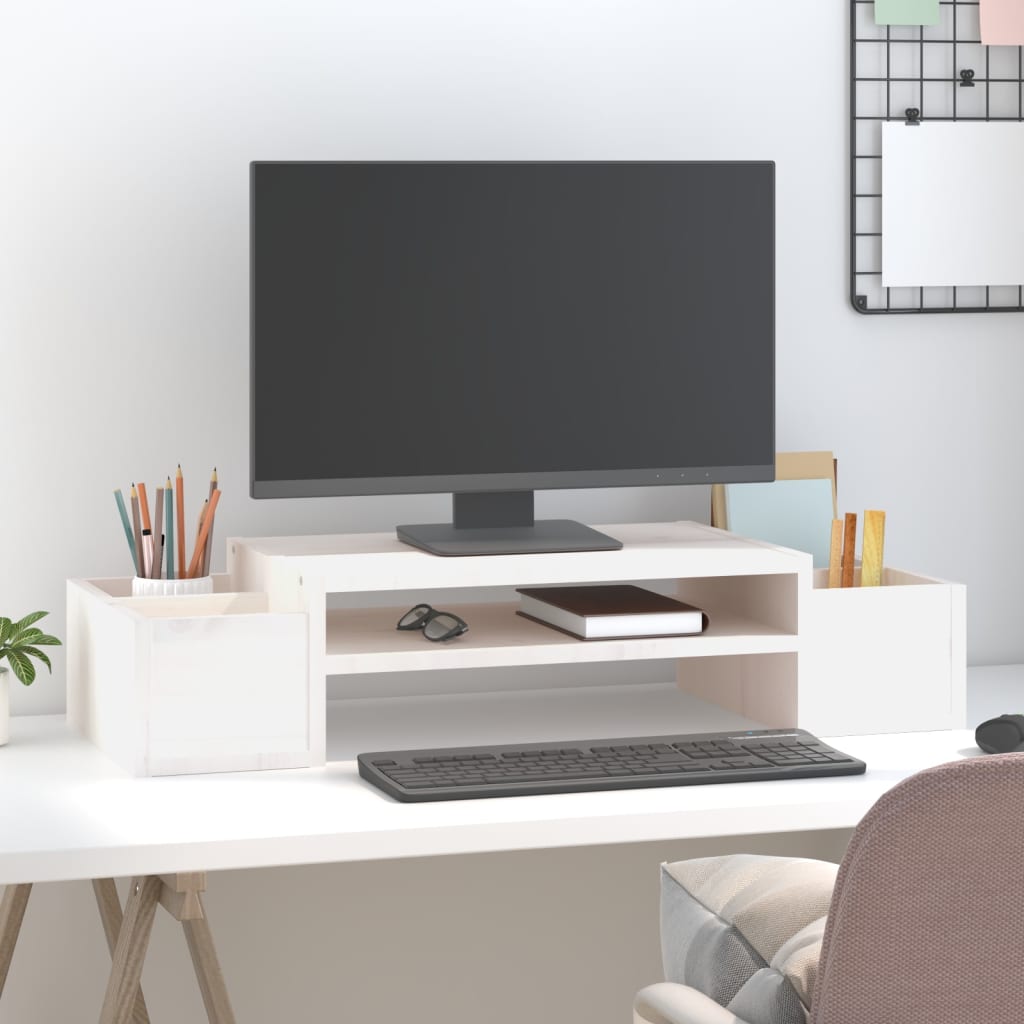 Supporto Per Monitor Bianco 70x27,5x15cm Legno Massello Di Pino