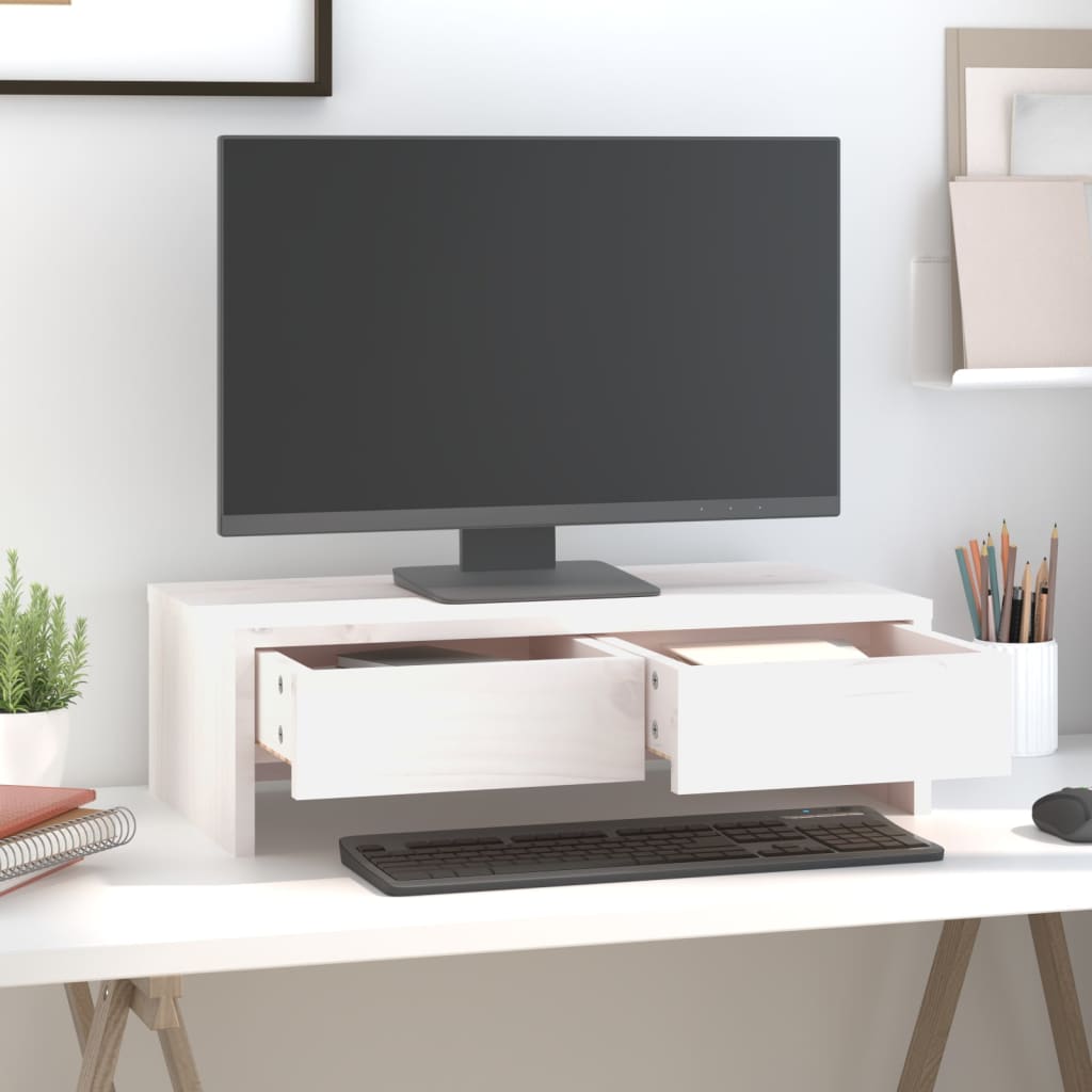Supporto Per Monitor Bianco 50x27x15 Cm Legno Massello Di Pino
