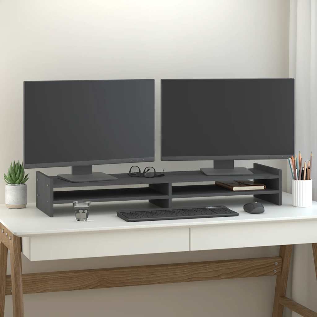 Supporto Per Monitor Grigio 100x27x15 Cm Legno Massello Di Pino