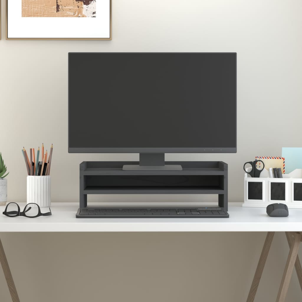 Supporto Per Monitor Grigio 50x24x16 Cm Legno Massello Di Pino