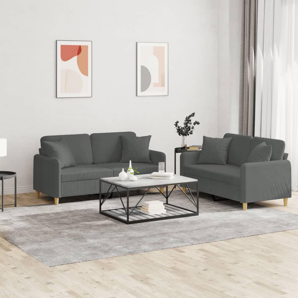 Set Di Divani 2 Pz Con Cuscini Grigio Scuro In Tessuto