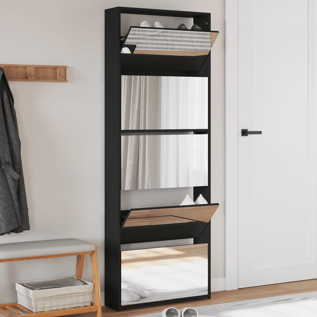 Scarpiera Con Specchio A 5 Livelli Nera 63x17x169,5 cm